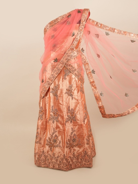 

Pothys Pink & Orange Embroidered Unstitched Lehenga & Blouse With Dupatta