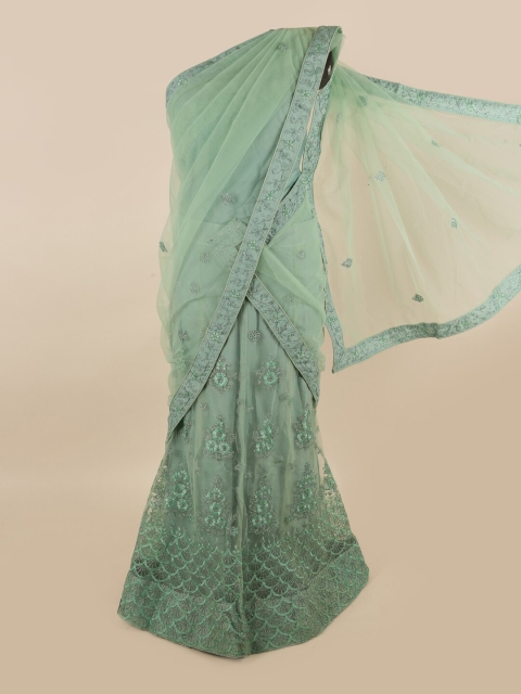 

Pothys Woman Blue & Silver-Toned Embroidered Unstitched Lehenga & Blouse With Dupatta
