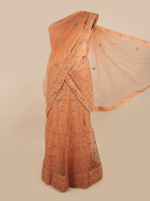 

Pothys Peach-Coloured Embroidered Unstitched Lehenga & Blouse With Dupatta