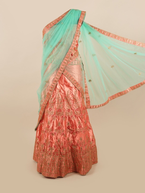 

Pothys Blue & Peach-Coloured Embroidered Unstitched Net Lehenga & Blouse With Dhavani