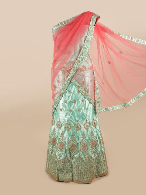

Pothys Sea Green & Pink Embroidered Unstitched Lehenga & Blouse With Dupatta