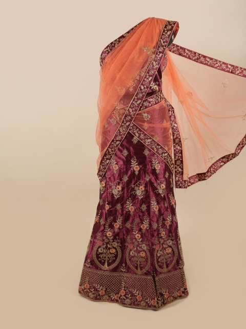 

Pothys Women Peach-Coloured & Magenta Embroidered Lehenga Half Saree