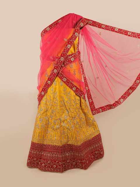

Pothys Yellow & Pink Embroidered Unstitched Lehenga & Blouse With Dupatta