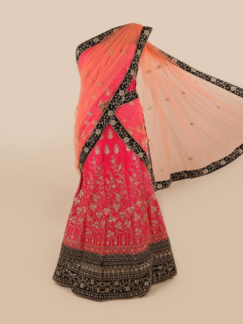 

Pothys Peach-Coloured & Black Embroidered Unstitched Lehenga & Blouse With Dupatta