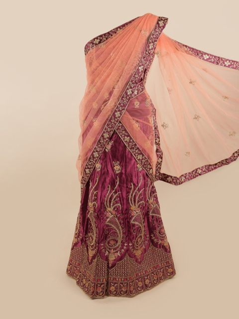 

Pothys Peach-Coloured & Gold-Toned Embellished Unstitched Lehenga & Blouse With Dupatta