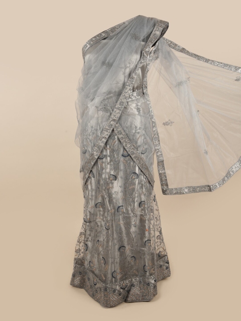 

Pothys Grey Embroidered Unstitched Lehenga & Blouse With Dupatta
