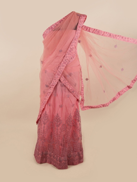 

Pothys Pink & Silver-Toned Embellished Unstitched Lehenga & Blouse With Dupatta