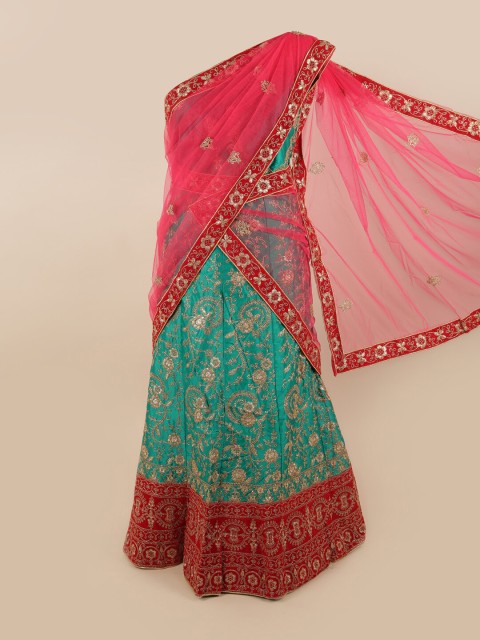 

Pothys Pink & Green Embroidered Unstitched Net Lehenga & Blouse With Dhavani