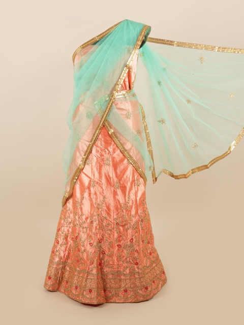 

Pothys Green & Peach-Coloured Embellished Unstitched Lehenga & Blouse With Dupatta