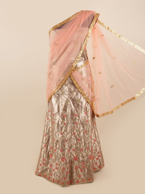 

Pothys Peach-Coloured & Gunmetal-Toned Embellished Zardozi Unstitched Lehenga & Blouse With Dupatta