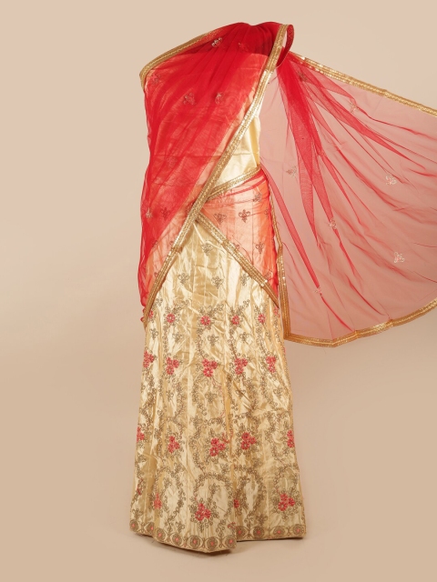 

Pothys Women Red & Cream-Colored Embroidered Lehenga Half Saree