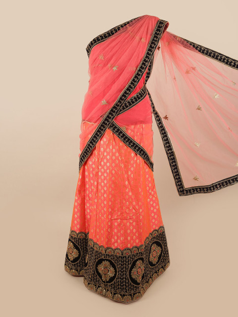 

Pothys Pink & Black Embroidered Unstitched Lehenga & Blouse With Dupatta