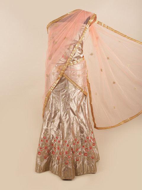 

Pothys Pink Embroidered Unstitched Lehenga & Blouse With Dupatta