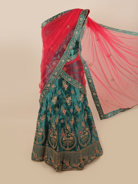 

Pothys Red & Teal Embroidered Unstitched Lehenga & Blouse With Dupatta