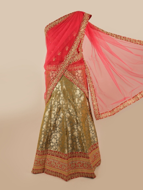 

Pothys Pink & Gold-Toned Embroidered Unstitched Lehenga & Blouse With Dupatta