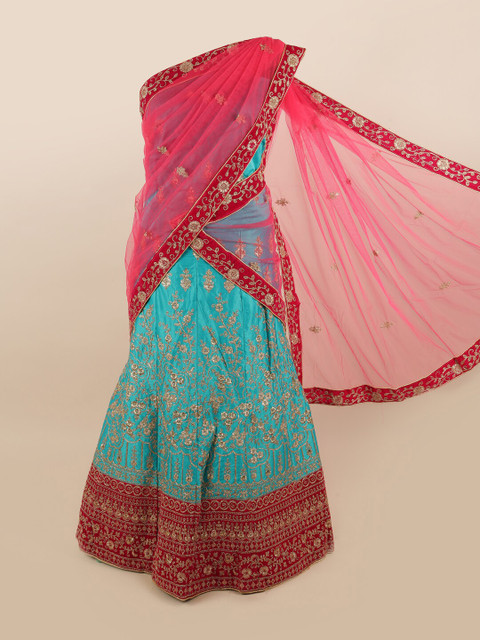 

Pothys Pink & Teal Embroidered Unstitched Lehenga & Blouse With Dupatta