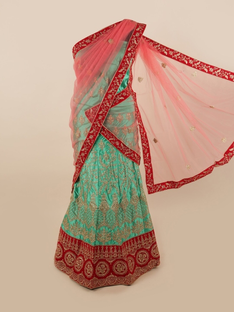 

Pothys Pink & Green Embroidered Unstitched Net Lehenga & Blouse With Dhavani