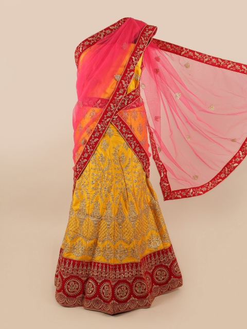 

Pothys Pink & Yellow Embellished Unstitched Lehenga & Blouse With Dupatta