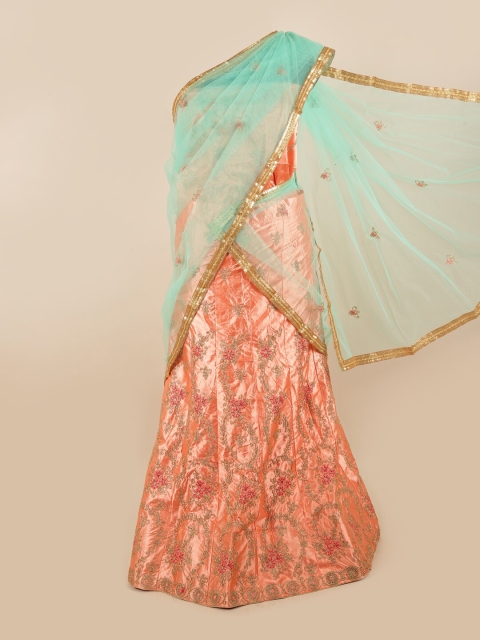 

Pothys Peach-Coloured & Blue Embroidered Unstitched Lehenga & Blouse With Dupatta