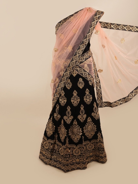 

Pothys Pink & Black Embroidered Unstitched Lehenga & Blouse With Dupatta