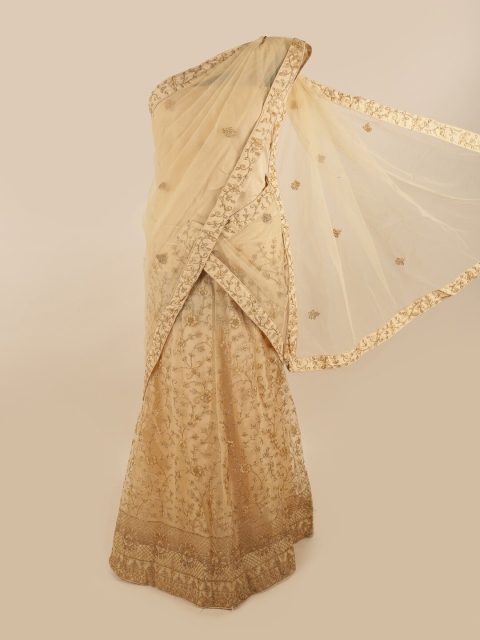 

Pothys Cream-Coloured Embroidered Unstitched Lehenga & Blouse With Dupatta