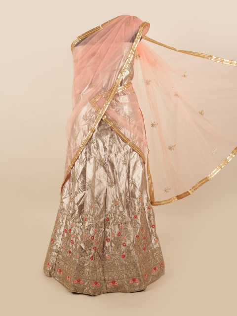 

Pothys Peach-Coloured & Gold-Toned Embroidered Unstitched Lehenga & Blouse With Dupatta