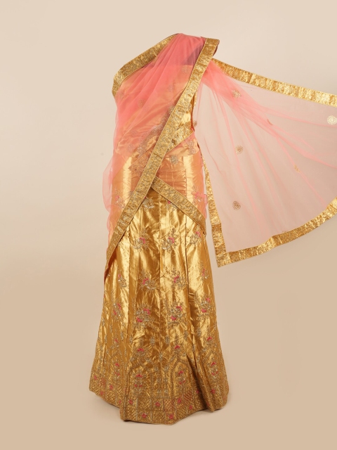 

Pothys Pink & Mustard Yellow Embroidered Unstitched Lehenga & Blouse With Dupatta