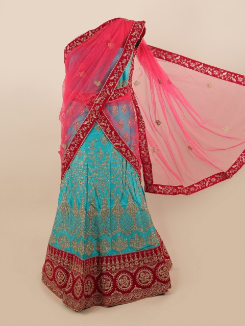 

Pothys Pink & Blue Embroidered Unstitched Lehenga & Blouse With Dupatta