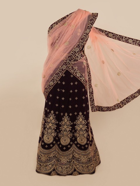 

Pothys Peach-Coloured & Maroon Embroidered Unstitched Net Lehenga & Blouse With Dhavani