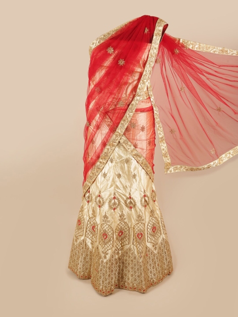 

Pothys Red & Cream-Coloured Embroidered Unstitched Lehenga & Blouse With Dhavani