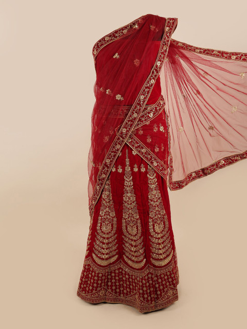 

Pothys Maroon & Gold-Toned Embroidered Unstitched Lehenga & Blouse With Dupatta
