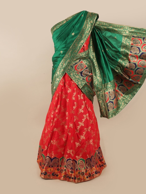 

Pothys Red & Green Embroidered Unstitched Lehenga & Blouse With Dupatta