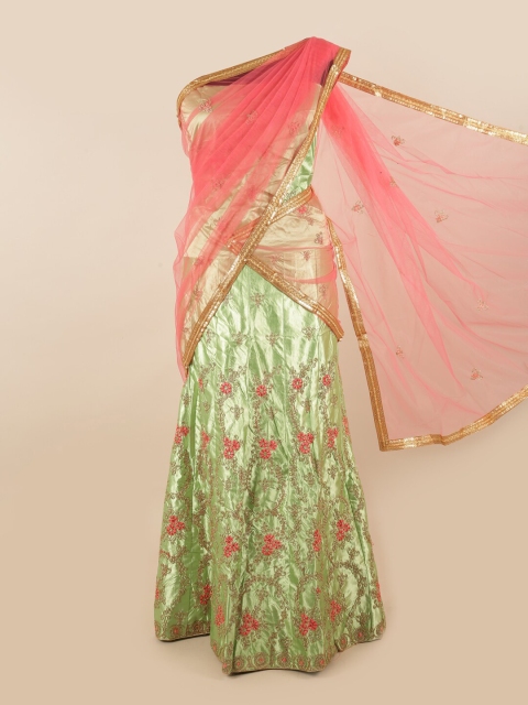

Pothys Pink & Green Embroidered Unstitched Lehenga & Blouse With Dupatta
