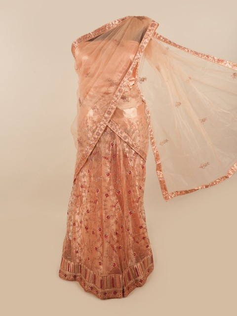 

Pothys Women Peach & Red Embroidered Unstitched Lehenga Choli With Dupatta