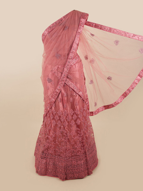 

Pothys Woman Pink Embroidered Unstitched Lehenga & Blouse With Dupatta