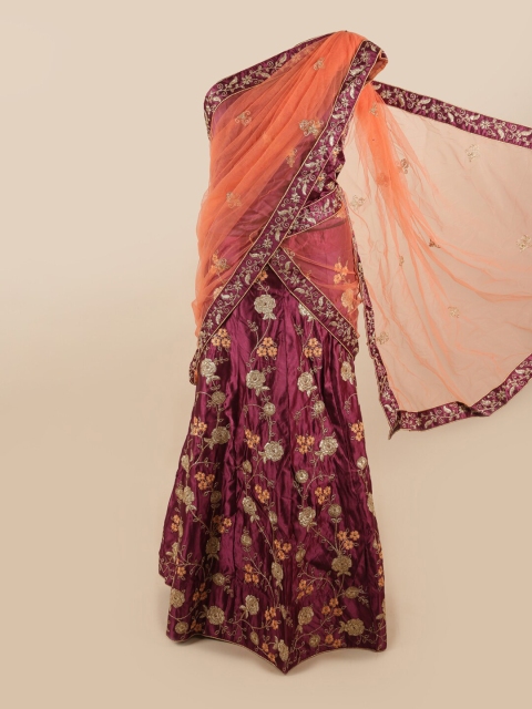 

Pothys Peach-Coloured & Maroon Embroidered Unstitched Lehenga & Blouse With Dupatta