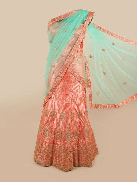 

Pothys Blue & Peach-Coloured Embroidered Unstitched Lehenga & Blouse With Dhavani