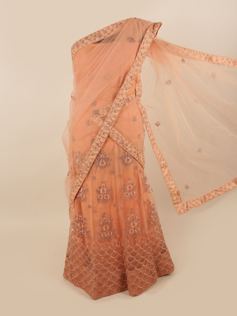 

Pothys Peach-Coloured & Gold-Toned Embroidered Unstitched Lehenga & Blouse With Dupatta