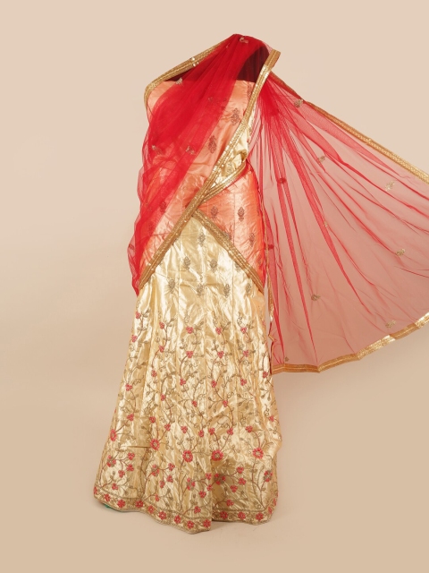 

Pothys Beige & Red Embroidered Unstitched Lehenga & Blouse With Dupatta