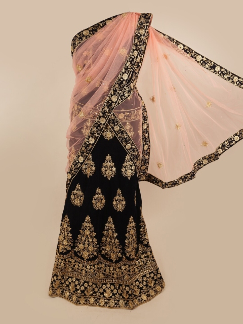 

Pothys Peach-Coloured & Black Embroidered Unstitched Lehenga & Blouse With Dupatta