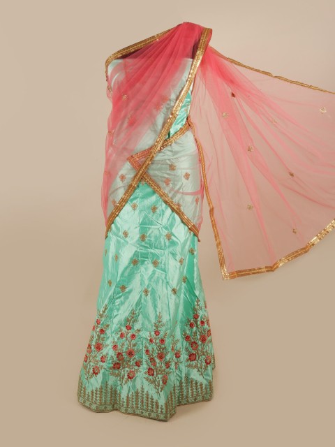 

Pothys Pink & Green Embroidered Unstitched Lehenga & Blouse With Dupatta