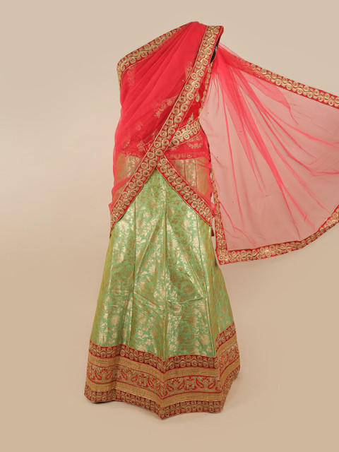 

Pothys Woman Pink & Green Embroidered Unstitched Lehenga & Blouse With Dupatta