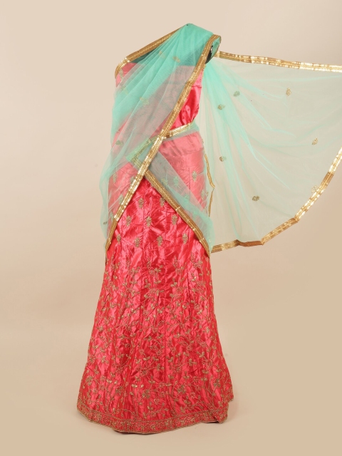 

Pothys Blue & Pink Embellished Unstitched Lehenga & Blouse With Dupatta