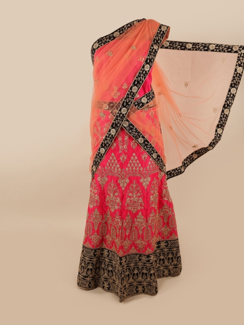 

Pothys Peach-Coloured & Black Embroidered Unstitched Lehenga & Blouse With Dupatta