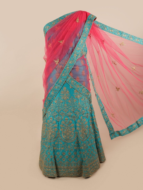 

Pothys Pink & Blue Embroidered Unstitched Lehenga & Blouse With Dhavani