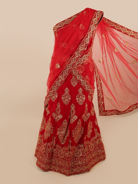 

Pothys Red & Gold-Toned Embroidered Unstitched Lehenga & Blouse With Dhavani