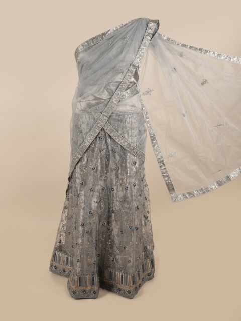 

Pothys Silver-Toned Embroidered Unstitched Lehenga & Blouse With Dupatta