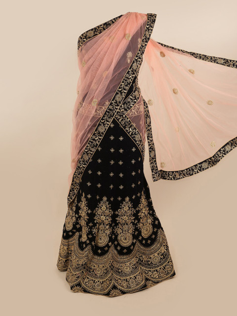

Pothys Peach-Coloured & Navy Blue Embroidered Unstitched Lehenga & Blouse With Dupatta