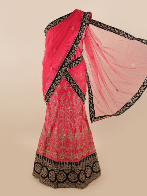

Pothys Pink & Black Embroidered Zardozi Unstitched Lehenga & Blouse With Dhavani