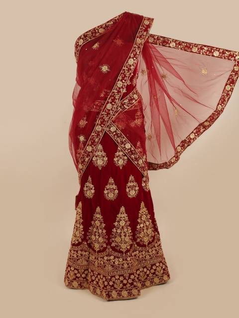 

Pothys Maroon & Gold-Toned Embroidered Unstitched Lehenga & Blouse With Dupatta